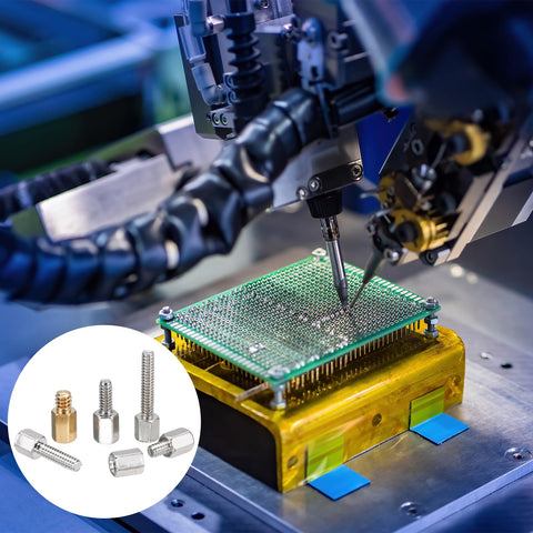 Copper Color Hex Standoffs Six Thirty Two Thread With Six Point Five Millimeter Studs And Four Millimeter Screws Nickel Plated Copper PCB Spacers For Computer Cases And FPV Drones 48 Pack PATIKIL shown near PCB assembly.