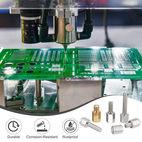 Copper Color Hex Standoffs Six Thirty Two Thread With Six Point Five Millimeter Studs And Four Millimeter Screws Nickel Plated Copper PCB Spacers For Computer Cases And FPV Drones 48 Pack PATIKIL shown with PCB and drilling assembly