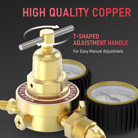 Nitrogen Regulator With Hose For HVAC Purging And Inertization, adjustable pressure, shown with T-shaped handle and copper finish