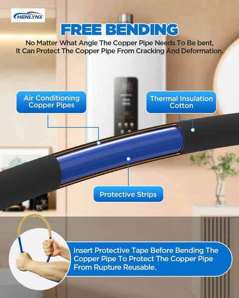 Close-up of Copper Tube Bender Kit Four-Piece Set For HVAC And Refrigerator Repair, showing color-coded bending strip on pipe.