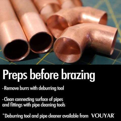 Copper pipes and fittings for brazing preparation with cleaning instructions on a green surface