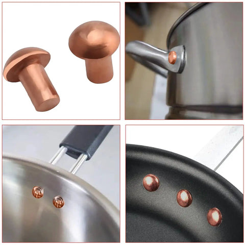 Round Head Copper Solid Rivets 200 Pack For Electrical Projects M2 Size 0.08 Inch Diameter By 0.24 Inch Length Copper Finish Heavy Duty Quick Fasteners For Wiring Electronics And Light Metalwork shown in different views including individual rivet and installed in cookware.