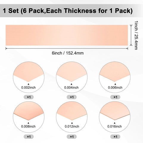 Copper Shim Strip Set For DIY Crafting And Jewelry Making With 6 Inch Length And 1 Inch Width Flat Copper Sheet In Multiple Thicknesses 0.002 0.004 0.006 0.008 0.012 And 0.016 Inch MeterXity