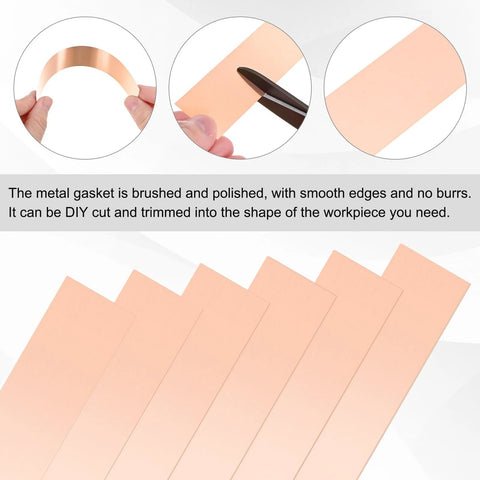 Copper shim strips set, 6 in × 1 in, thicknesses 0.002–0.016 in, for DIY craft projects.