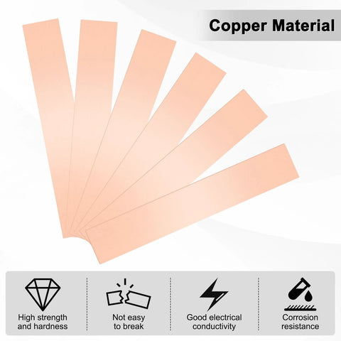 Copper shim strip set, front view, 6 in × 1 in, 0.002–0.016 in thick, flat copper bars for DIY crafts
