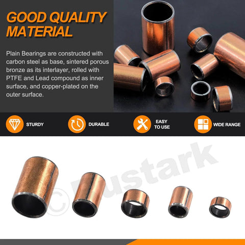 Copper-plated self-lubricating plain bearings in various sizes for machinery with text describing quality material.