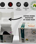 Packaging of 1.1 inches Copper Ball, showing protective foam and velvet bag with American Ayurveda logo.