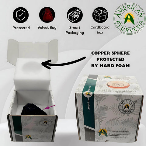 Packaging of 1.1 inches Copper Ball, showing protective foam and velvet bag with American Ayurveda logo.