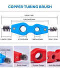 Copper tubing brush with dual circular brushes, anti-slip handle, and marked dimensions, part of All In One Copper Pipe Cutter Kit