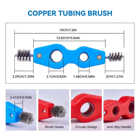 Copper tubing brush with dual circular brushes, anti-slip handle, and marked dimensions, part of All In One Copper Pipe Cutter Kit