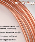 Close-up of seamless copper tubing highlighting 99.99% copper purity, showcasing benefits like conductivity, weldability, and corrosion resistance.