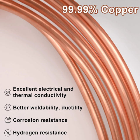 Close-up of seamless copper tubing highlighting 99.99% copper purity, showcasing benefits like conductivity, weldability, and corrosion resistance.