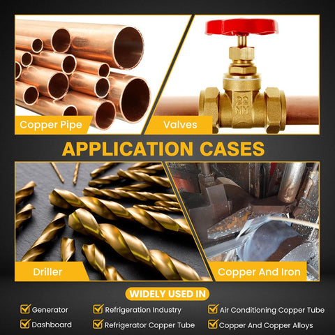 Copper pipes, brass valve, and metal drill bits illustrating usage of Forty Pack Phos Copper Brazing Rods BCuP-2, 2mm Diameter.