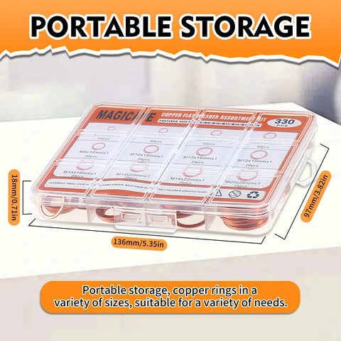 Clear storage box for 330 Piece Copper Crush Washers Set In 12 Sizes M5 To M20 For Automotive Plumbing, dimensions labeled