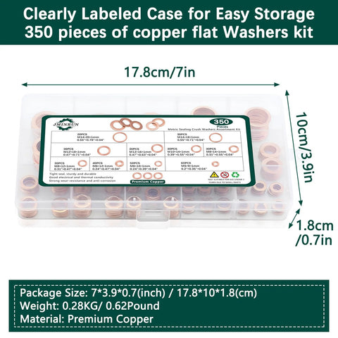 Copper Sealing Washers Set 350 Pcs 10 Sizes M5–M14 for Auto and Motorcycle in clear case