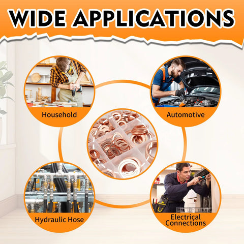 330 Piece Copper Crush Washers Set In 12 Sizes M5 To M20 For Automotive Plumbing with multiple application uses.