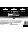 Coppertop AA Alkaline Batteries With Power Boost packaging back view showing 12-year storage guarantee and product details.