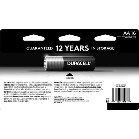 Coppertop AA Alkaline Batteries With Power Boost packaging back view showing 12-year storage guarantee and product details.