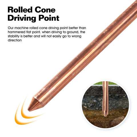 Heavy Duty Pro Grade Beast Three Eighths Inch By Four Foot Copperweld Grounding Rod with hardened steel core tip view