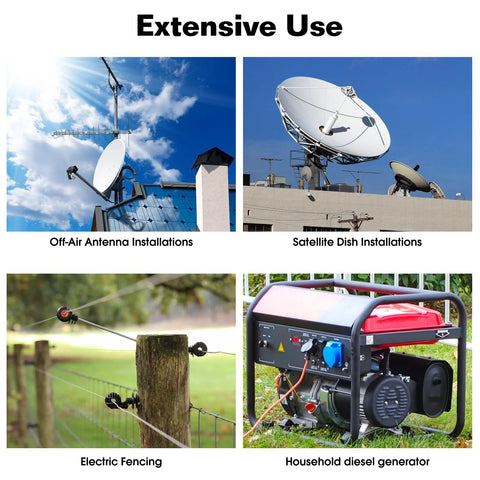 Applications of Heavy Duty Pro Grade Beast Three Eighths Inch By Four Foot Copperweld Grounding Rod with antennas, dishes, fencing, generator.