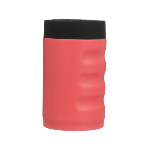Coral Stainless Steel Vacuum Insulated Can Cooler for 12 oz beer and soda cans with grip, keeps drinks ice cold longer with double wall insulation.