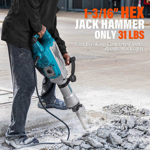 Powerful 1700W Corded Demolition Jack Hammer With 31 Pound Weight Delivers 1900 BPM And 55 Joules For Aggressive Concrete Pavement Brick And Tile Breaking Includes Carrying Case Flat Chisel And Bull Point Chisels For Construction And Renovation Projects in use on concrete floor