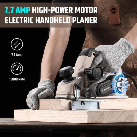 Effortlessly smooth and shape wood with a corded electric hand planer, delivering a 7.7 Amp motor at 15,000 RPM.