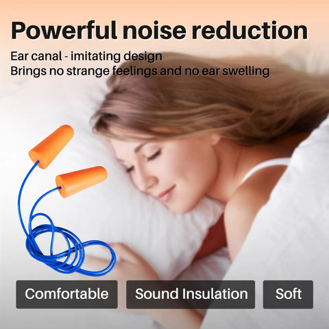 Woman sleeping with NRR 33dB Foam Ear Plugs With Cord Individually Packed 100 Pairs Per Box For Work And Construction Sites Bright Orange For High Visibility A Safe Hearing Protection Solution ANSI Certified Comfortable Soft Foam on pillow