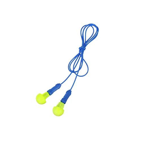 Comfortable Foam Push In Earplugs With Corded Design, 28 dB Noise Reduction Rating, shown with blue neck cord for industrial use.