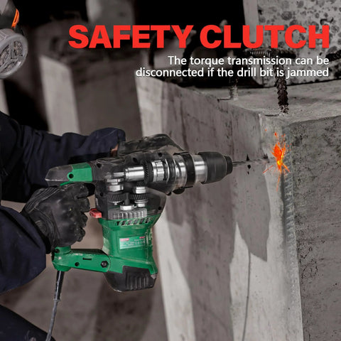 Powerful corded SDS Plus rotary hammer drilling into concrete, showing safety clutch feature in action, 12.5 Amp motor