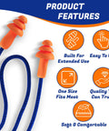 Reusable Corded Silicone Earplugs With 25dB Noise Reduction For Shooting Range Hunting Construction Work And Motorcycling, illustrated features