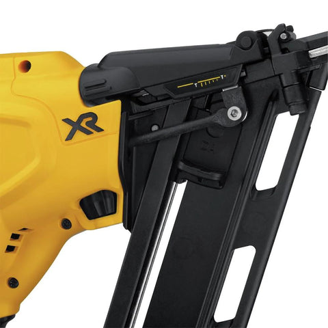 Close-up of Cordless 15 Gauge Angled Finish Nailer 20V Max XR Renewed for trim molding baseboards crown casing and cabinetry