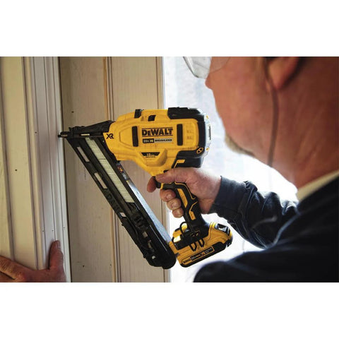 Cordless 15 Gauge Angled Finish Nailer 20V Max XR Renewed For Trim Molding Baseboards Crown Casing And Cabinetry Installation In Use