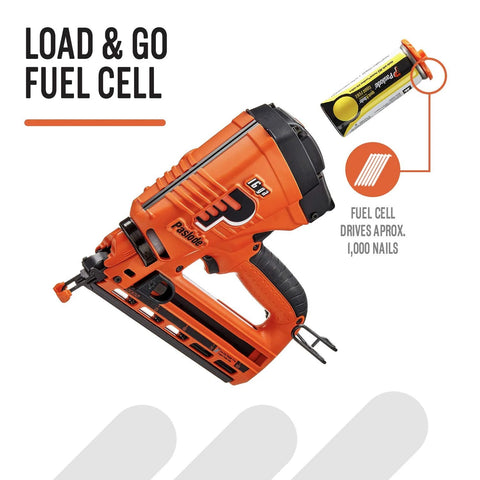 Cordless 16 Gauge Angled Finish Nailer With Battery Power And No Compressor Needed Model 902400, orange tool with fuel cell.