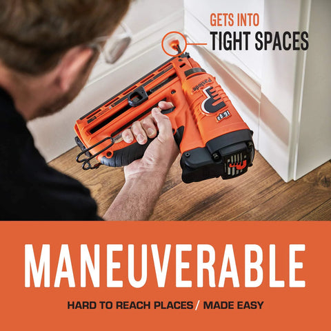 Cordless 16 Gauge Angled Finish Nailer With Battery Power And No Compressor Needed Model 902400 in use on baseboard