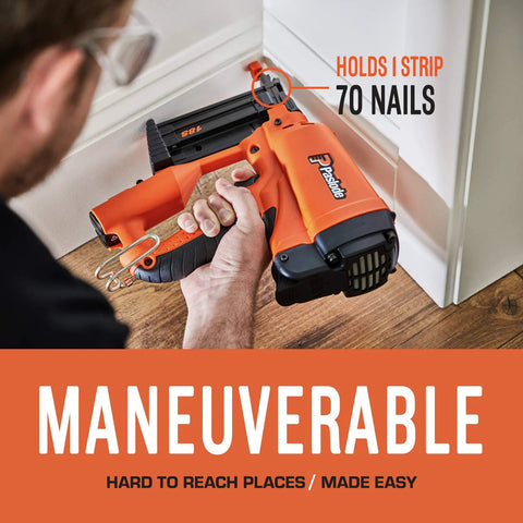 Cordless 18 Gauge Brad Nailer for Finish Carpentry Lightweight 4.25 lb in use for installing trim with precise nail placement.