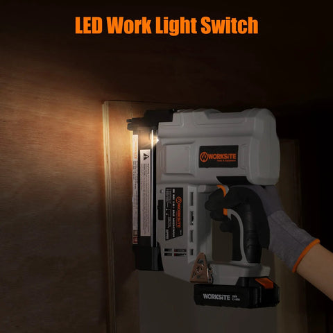 Cordless 18 gauge brad nailer with 2.0Ah battery delivers precise drive, featured with LED light illuminating a wood surface.