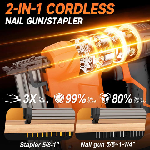Cordless 18 Gauge Brad Nailer and Stapler in a 2 in 1 kit showcasing 5/8-1-1/4 inch capacity with high-speed nailing feature.