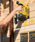 Person using Cordless 18GA Brad Nailer 2-in-1 with DeWalt 20V battery compatibility on wooden wall outdoors.