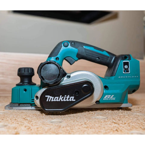 Cordless 18V LXT Brushless 3-1/4 Inch Planer With AWS For Dust Extraction Delivers Fast 15,000 RPM Stock Removal, Tool Only Unit Built For Finish Carpenters, Door And Window Installers, And Remodelers Needing Portable On Site Power on wood surface