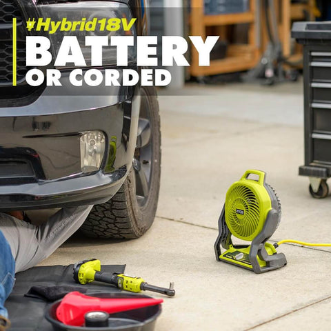 Cordless 18V Hybrid Whisper Series 7.5 Inch Fan Tool Only Bare Tool for lawn care, shown in a garage setting with a vehicle.