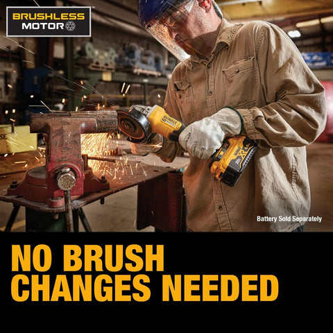 Worker using 20V Max Cordless Angle Grinder With Brushless Motor Four And A Half Inch Wheel Paddle Switch Kickback Brake Tool Only DCG413B
