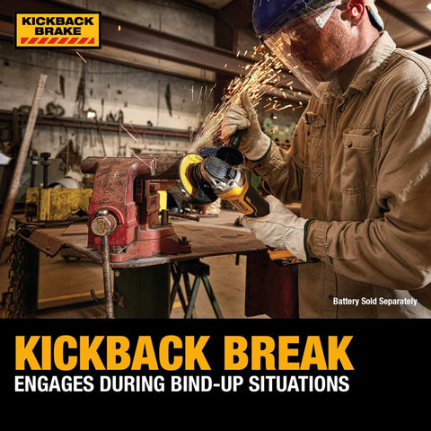 Worker using 20V Max Cordless Angle Grinder With Brushless Motor Four And A Half Inch Wheel Paddle Switch Kickback Brake Tool Only DCG413B