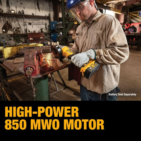 Person using 20V Max Cordless Angle Grinder with Brushless Motor and Paddle Switch in workshop, metal grinding