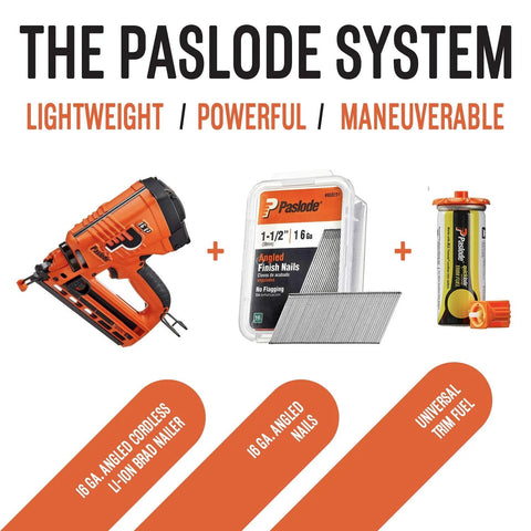 Cordless 16 Gauge Angled Finish Nailer With Battery Power And No Compressor Needed Model 902400 for trim work with accessories.