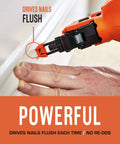 Cordless 18 Gauge Brad Nailer in use on wood trim, demonstrating precise nail placement and flush finish for trim work.