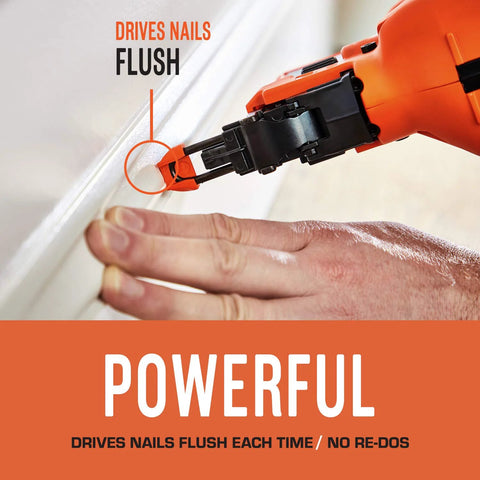 Cordless 18 Gauge Brad Nailer in use on wood trim, demonstrating precise nail placement and flush finish for trim work.