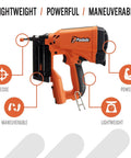 Side view of orange Cordless 18 Gauge Brad Nailer For Finish Carpentry Lightweight 4.25 Lb Battery And Fuel Cell Powered No Compressor Needed