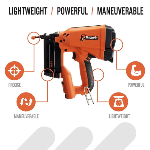 Side view of orange Cordless 18 Gauge Brad Nailer For Finish Carpentry Lightweight 4.25 Lb Battery And Fuel Cell Powered No Compressor Needed