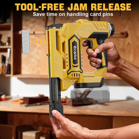 Cordless 18GA Brad Nailer 2-in-1 with DeWalt 20V battery compatibility being held, showcasing tool-free jam release feature.
